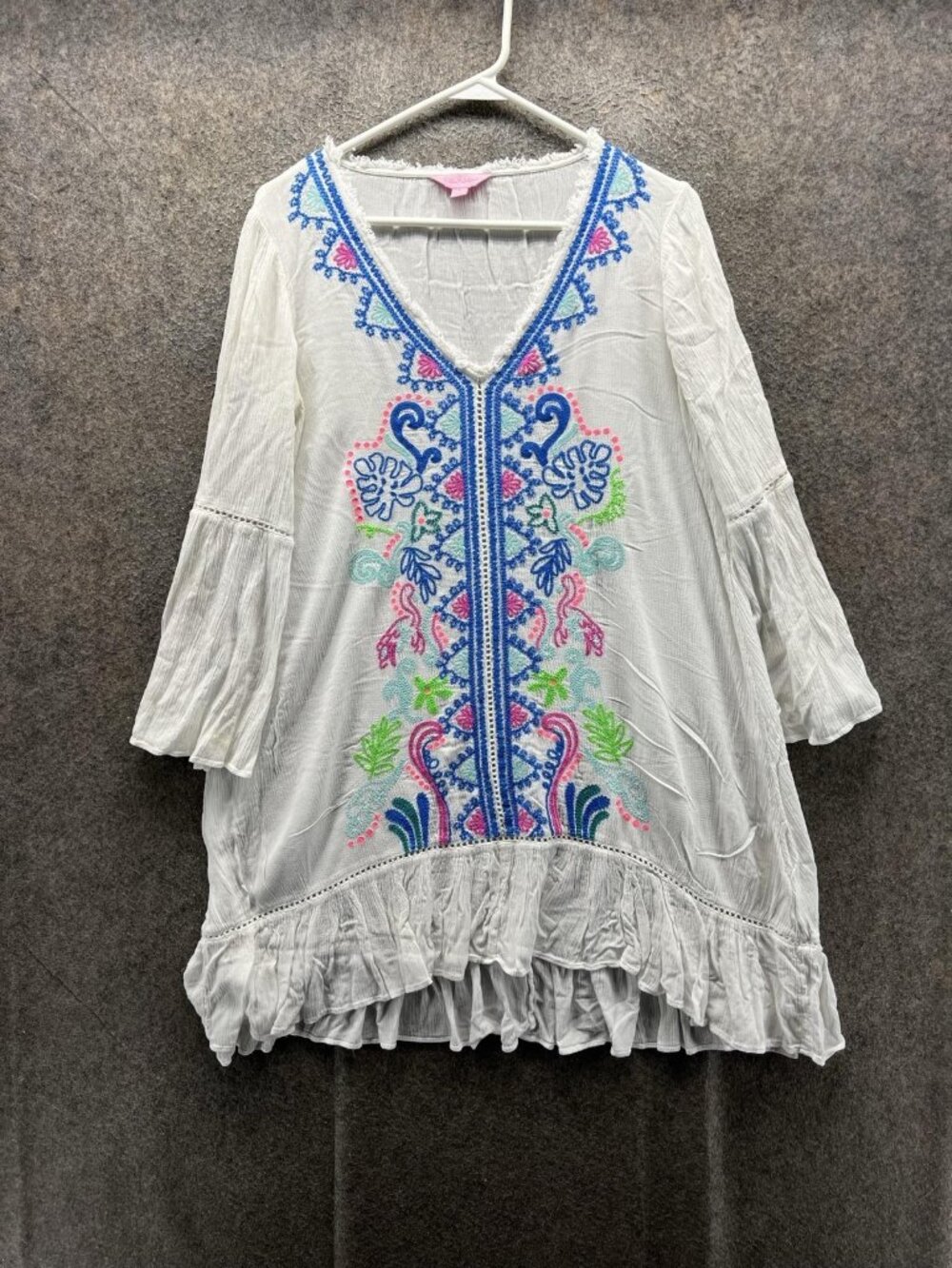Lilly Pulitzer Blouse Women Small White Embroidered V Neck 3/4 Bell Sleeve Tunic